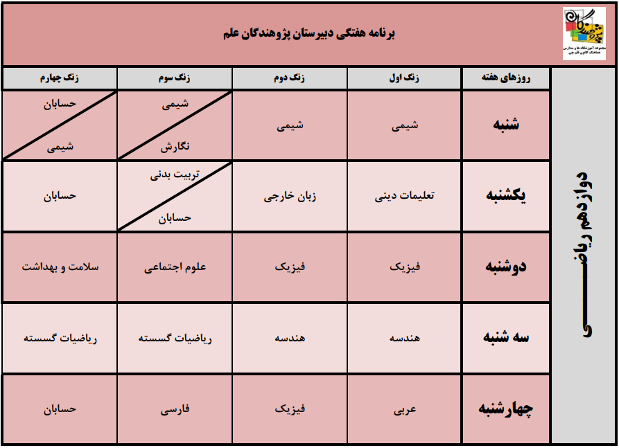 برنامه هفتگی پایه دوازدهم ریاضی